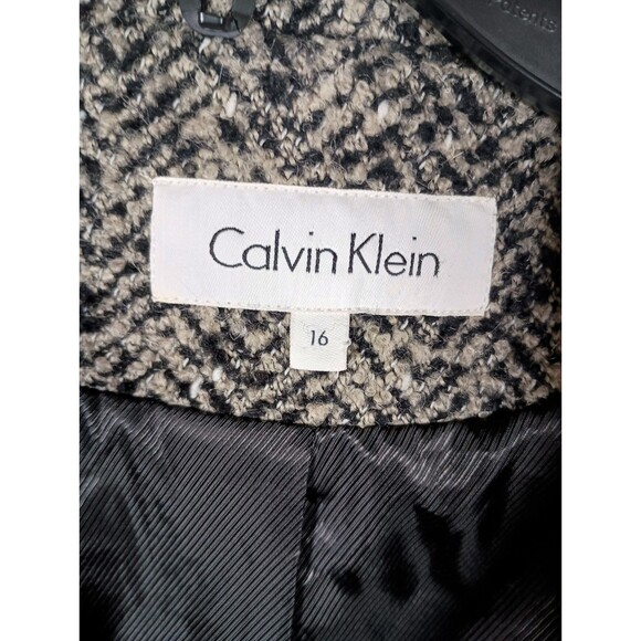 Calvin Klein Herringbone Double Breasted Wool Blend Belt Tweed Pea Coat Size 16 - Picture 2 of 8